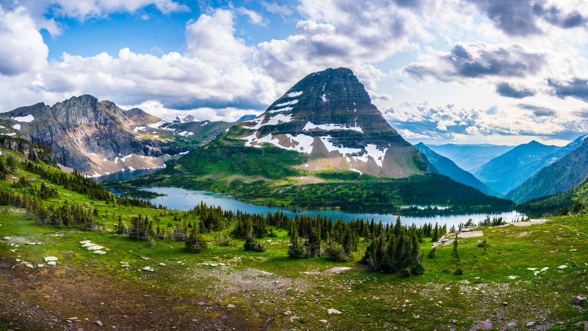 Glacier National park view with mountain and river