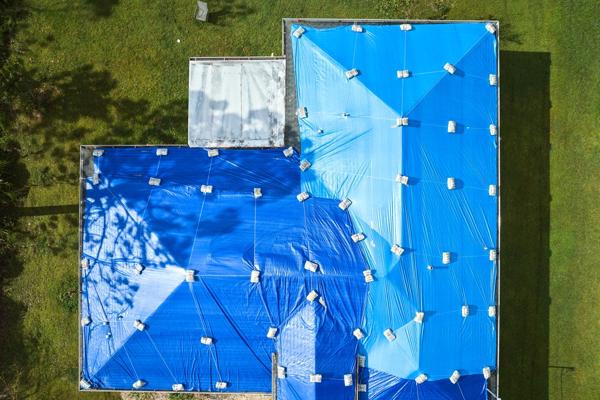 An overhead shot of a roof tarp