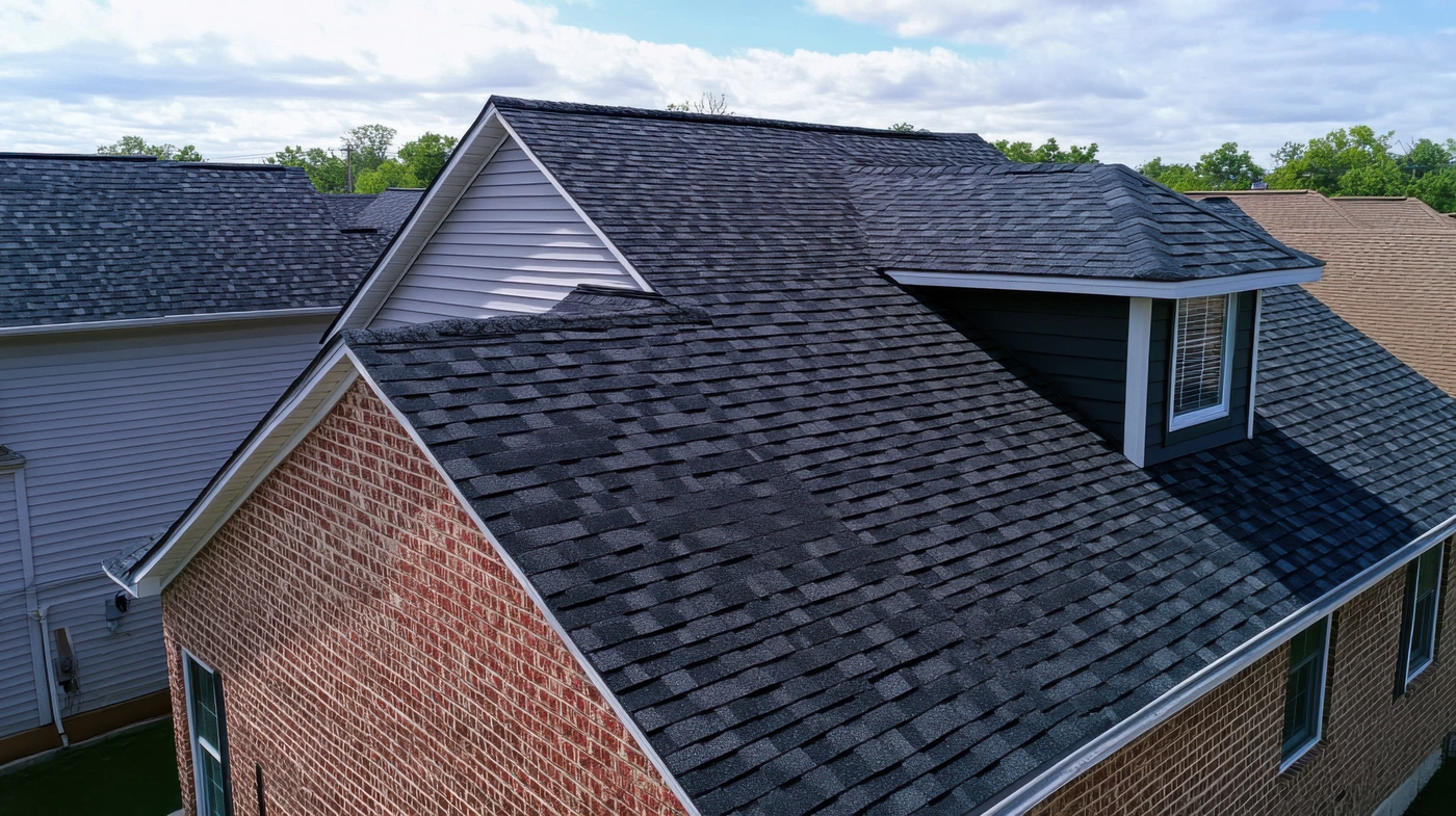 close up view of asphalt shingle roofing system. shingle roof repair
