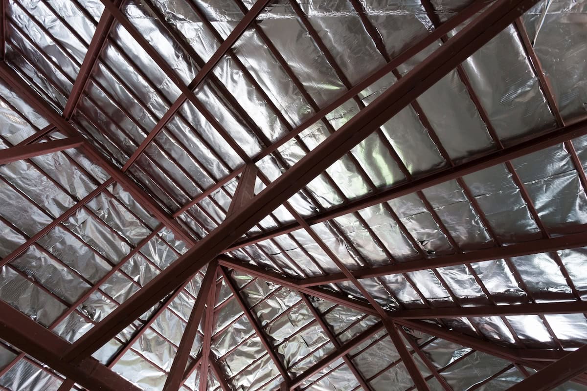 roof with steel beam and silver foil insulation