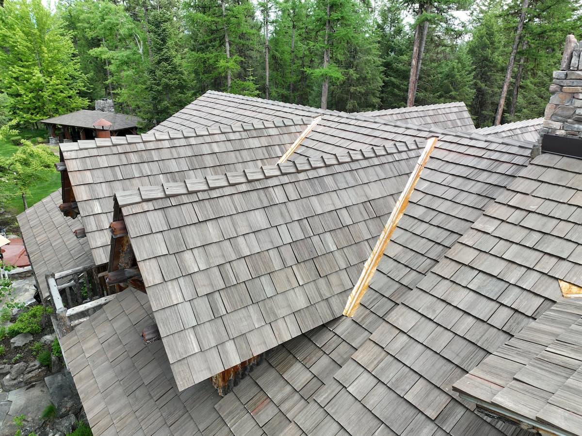 Composite cedar shake shingles on house